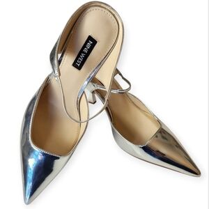 Nine West Metallic Silver Pointed Toe Slingback Mules